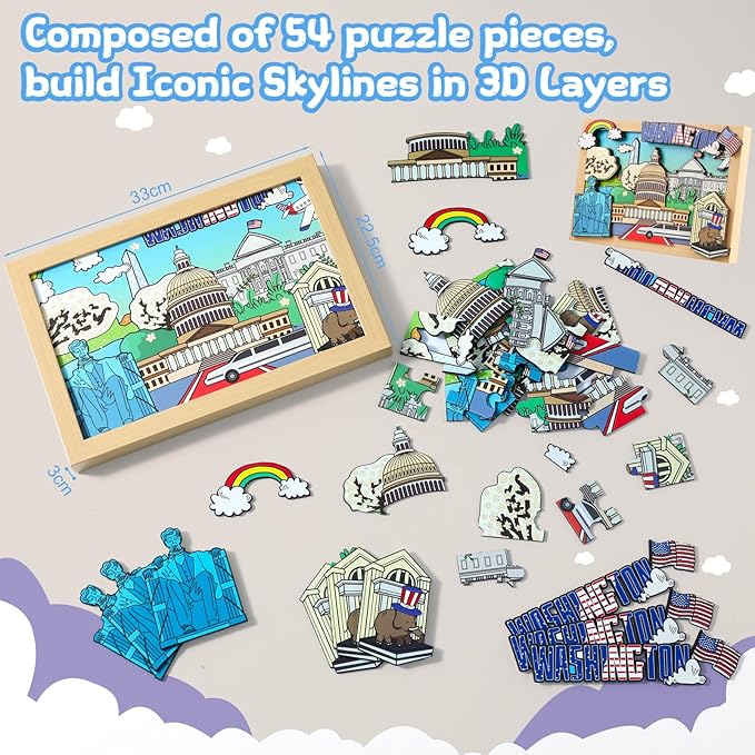LQG Art Crafts Gift for Kids 4-8 Ages 3D Wooden City Landmark Series Frame Kit for Kids - DIY Washington Cartoon Style Puzzle Toys Perfect Wall Art and Tabletop Decoration