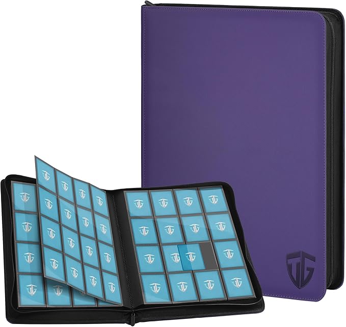 16 Pockets Trading Card Zipper Binder for 1000+ Cards| Secure Side Loading Pockets | Trading Card Album Folder | Compatible with YuGiOh, MTG,Sports Cards (Purple 16)