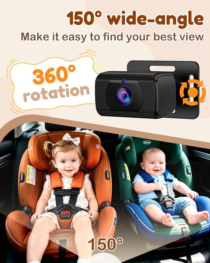 Rohent Baby Car Camera HD 1080P - Rear-Facing Infant Monitor with Night Vision Car Camera for Baby 150° Wide-Angle Lens Anti-Glare Screen Easy Install 360° Adjustable Display