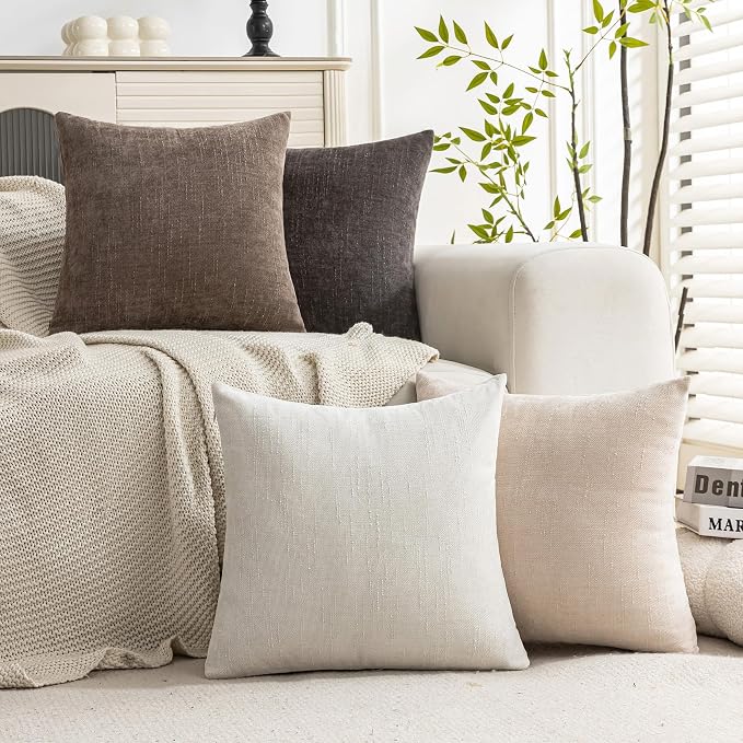 Set of 4 Soft Textured Throw Pillow Covers 18x18 Inch Cozy Decorative Farmhouse Cushion Cover Square Accent Pillow Cases for Bed Couch Sofa Living Room, Neutral