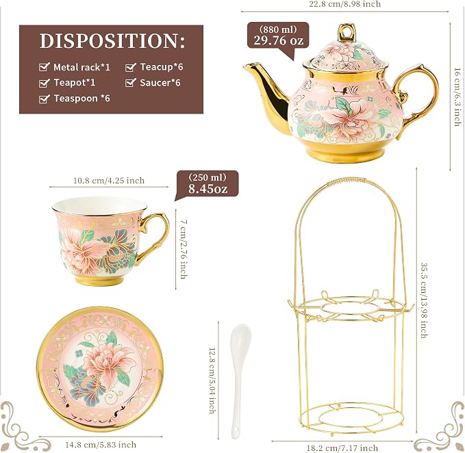 20 Pieces Porcelain Tea Set With Metal Holder, European Ceramic tea set for adults,Flower Tea Set,Tea Set For Women With Flower Painting (Large version, Pink)