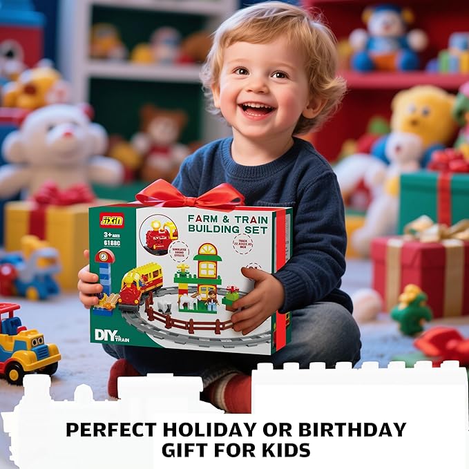 Electric Train Toys w/Farm Animals Set/Toy Trains Set for Toddlers & Kids w/Music, Lights & Tracks, DIY Classic Big Building Blocks Compatible with Lego DUPLO, Gifts for Boys and Girls