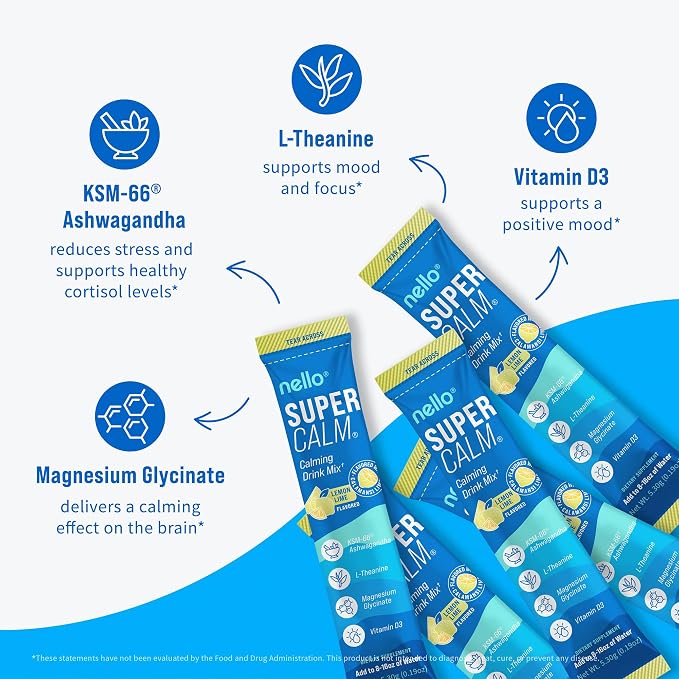 Nello Supercalm Powdered Drink Mix, Cortisol Reducer* and Sleep Aid Supplement, L Theanine, Ksm-66 Ashwagandha, Magnesium Glycinate, Vitamin D 3, No Sugar, Non GMO, On The Go, 20 Ct, Lemon Lime