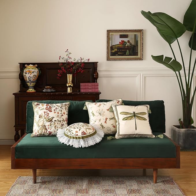 Designer Vintage French Velvet Throw Pillow Cover,18"x18"-Grace C | Pillow Cover,Concealed Zipper Design,Dragonfly Pattern,Sofas,Bedroom,Living Room,Lounge Chairs,All Season Home Decor
