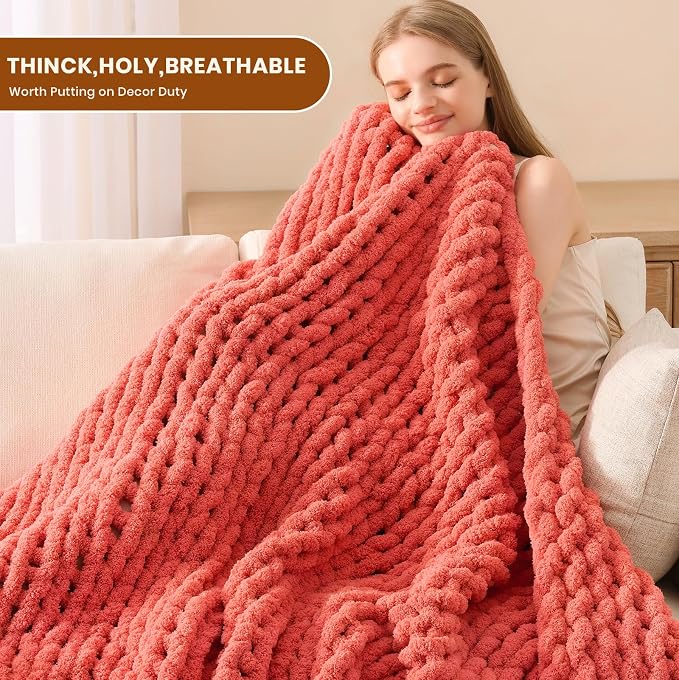 L'AGRATY Chunky Knit Throw Blanket for Couch, 60 x 80 Inches, Coral Pink | Handmade Chenille Crochet Blanket for Sofa Bed, Thick Cable Knitted Blankets for Room Home Decor, Birthday Gift for Women Mom