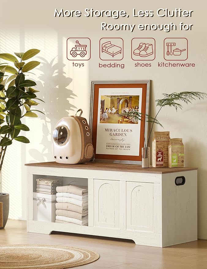 Storage Chest, Wooden Toy Box, Honey Brown & Rustic White 47.2" L | Farmhouse Storage Bench, 2 Soft-close Hinges, Finger-safe Flip-Top Lid, Easy Assembly, Extra Large Trunk, Living Room/Bedroom