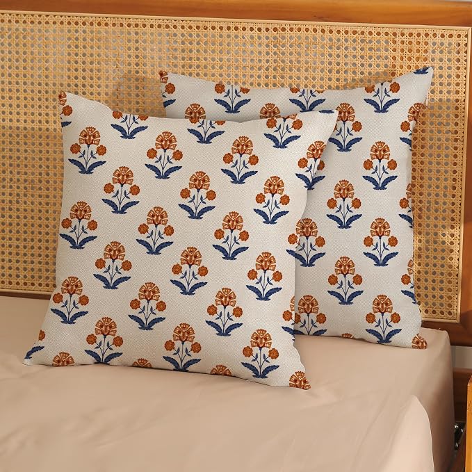 Orange Navy Blue Floral Pillow Covers 18x18 Set of 2, Vintage Block Print Flower Decorative Throw Pillows Modern Rustic Cushion Covers for Sofa Couch Bed Living Room Home Decor for Couch Sofa