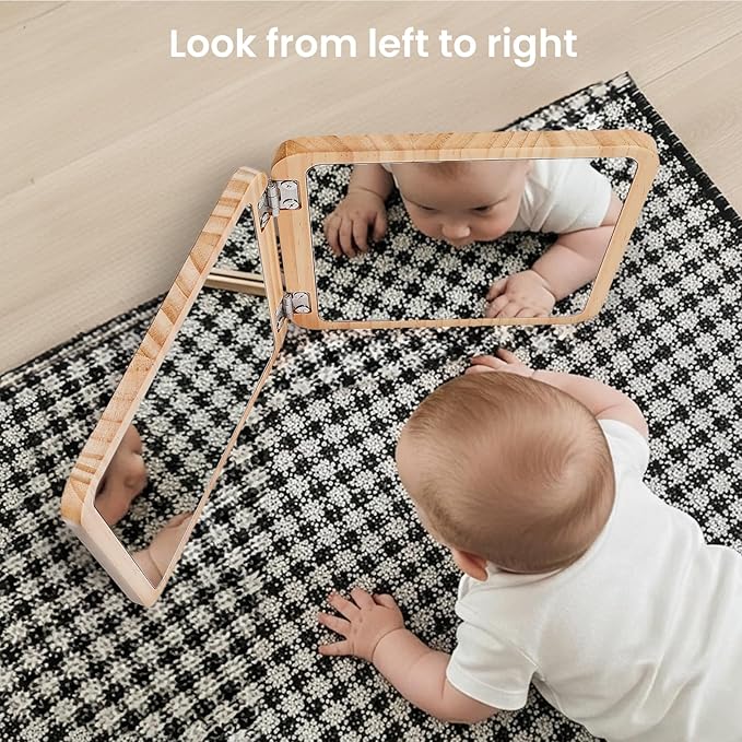 Woodtoe Tummy Time Mirror for Babies, 0-180° Adjustable Angle Floor Mirror, Baby Mirror with 15 Educational Cards, Shatterproof Baby Safe Mirror Toy, Montessori Gift for Boy Girl 0-6 Months