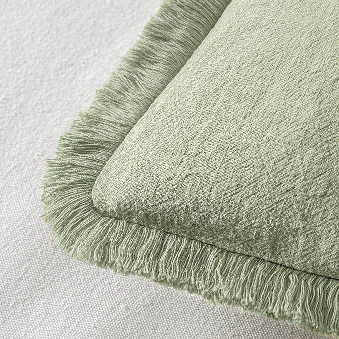 MIULEE Linen Fringe Decorative Euro Throw Pillow Covers Sage Green 26x26 | Set of 2, Cottagecore Decor, Boho Farmhouse Neutral Pillow Covers, Rustic Couch Cushion Cases for Sofa Bed Living Room