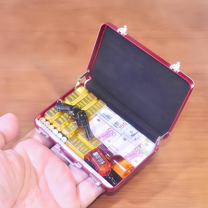 1:6 Scale Miniature Briefcase Set - Includes Fake Gold Bars, Bundles of $100 Mini Dollar Bills, Vintage Coins and Mini Weapons - Unique Adult NoveltyToy & Dollhouse Accessories (Red)