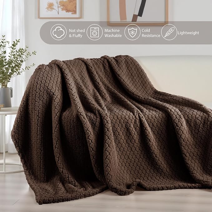 Exclusivo Mezcla Soft Fleece Throw Blanket for Couch, Coffee | Jacquard Lightweight Cozy Throws for Bed, Sofa, Breathable Decorative Fuzzy Textured All Season Use, 50x60 Inches