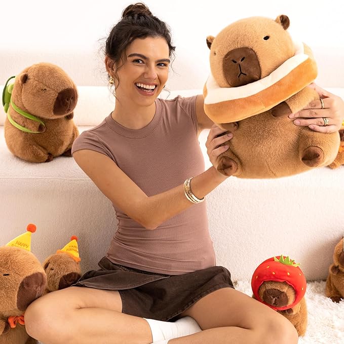 Ditucu Cute Capybara Plush Pillow with Wearable Toast Headgear Stuffed Animal Bread Capibara Plushies Toys Gifts for Kids Brown 13.7 inch