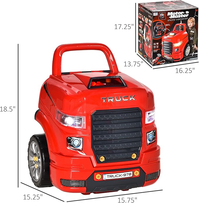 Qaba Truck Engine Toy, Kids Mechanic Set with Lights, Sounds, Steering Wheel and Horn, Pretend Car Service Station Play with 61-Piece Included, Toy Engine Building Kit for Kids Aged 3+, Red