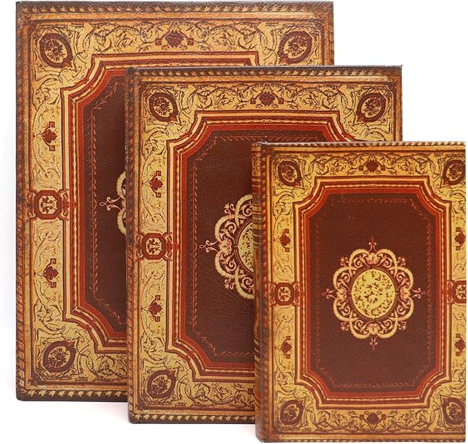 Jolitac Decorative Book Boxes World Map Pattern Antique Book Invisible box with Magnetic cover, Faux Wood Set of 3 Storage Set (Classic)