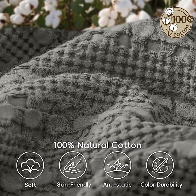 PHF 100% Cotton Waffle Blanket Twin Size, Lightweight Breathable Summer Blanket for Hot Sleepers, Pre-Washed Soft Layer for Bed, Dorm, Couch & Guest Room, Home Decor Gift, 66"x90", Dark Grey