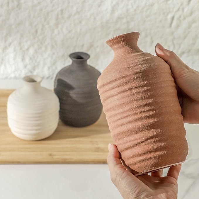 Dobbyby Ceramic Vase Set of 3 Decorative Vase for Home Decor Modern Farmhouse Decor Pottery Neutral Vases for Living Room Bathroom Table Mantel Fireplace Entryway Shelf (02-Brown)
