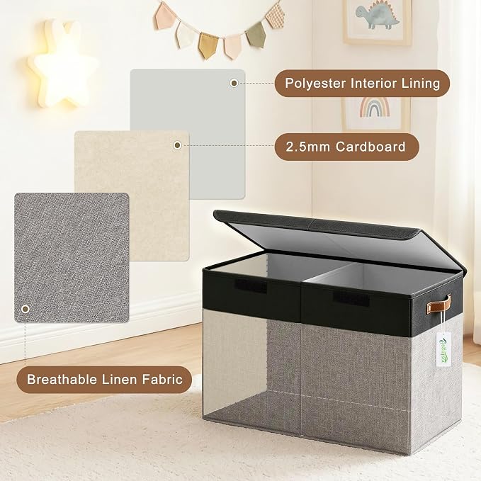Large Toy Storage Box with Lids, Collapsible Sturdy Baby Storage Organizer Chest Bin Basket for Kids, Boys, Girls, Playroom, Nursery, Bedroom, Closet 25"x13"x16" (Gray and Black)