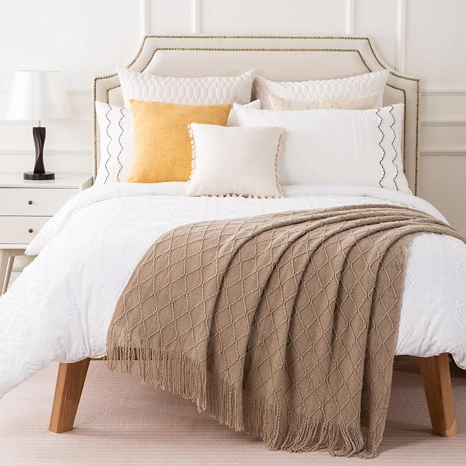 BATTILO HOME Khaki Throw Blanket for Couch, Boho Bed Tan Throws, Spring Decorative Taupe Throw for Sofa Foot of Bed, 50"x60"