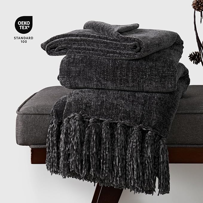 Chenille Knit Throw Blanket for Couch, 60"x80", Iron Black | Cozy Plush Fuzzy Knittd Throw with Tassels, Lightweight, Decorative, Farmhouse Decor, Ideal for Bed Sofa Gift, All Seasons