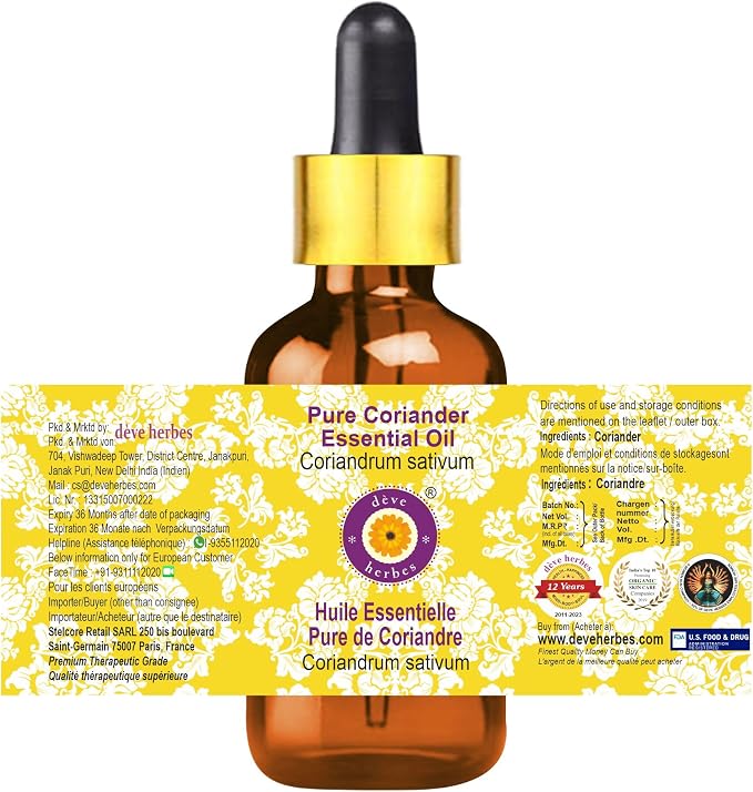 Deve Herbes Pure Coriander Essential Oil (Coriandrum sativum) with Glass Dropper Steam Distilled 100ml (3.38 oz)