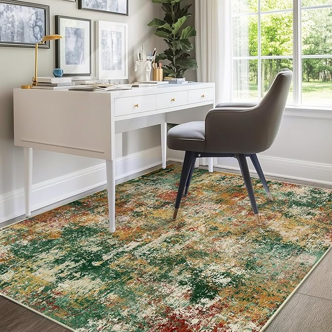 RELEANY Washable 6'x9' Abstract Area Rug for Living Room Green Multi | carpet for bedroom, kitchen, office, hallway and entryway, printed pattern, non-slip, soft, stain-resistant, easy to clean