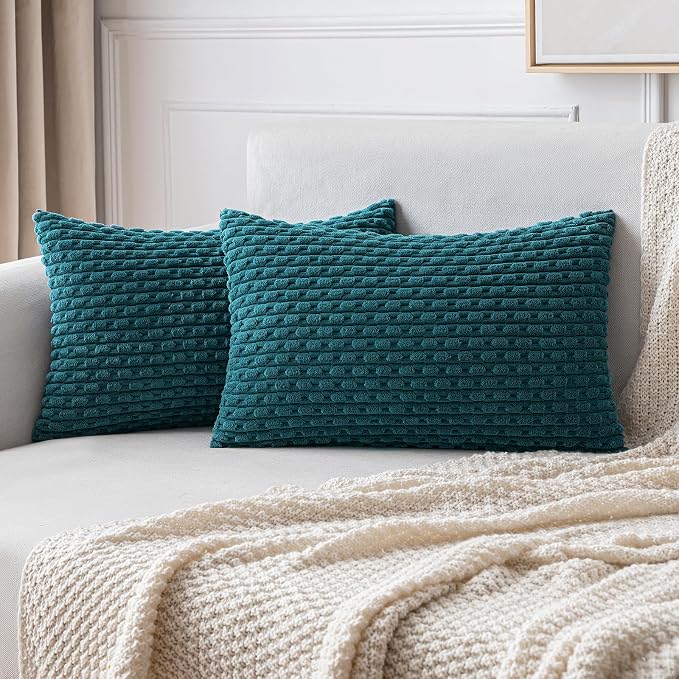 MIULEE Lumbar Decorative Throw Pillow Covers 12x20 Teal Blue Corduroy | Textured Striped Pack of 2 Striped Pillow Covers Modern Farmhouse Home Decor for Couch Bed Sofa Living Room
