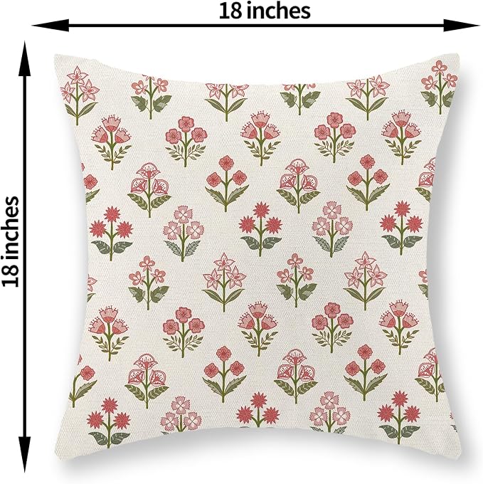 Farmhouse Floral Block Print Pillow Covers 18x18 Set of 2, Vintage Rustic Decorative Throw Pillows Modern Flower Cushion Covers for Sofa Couch Bed Living Room Home Decor, Sage Green Pink