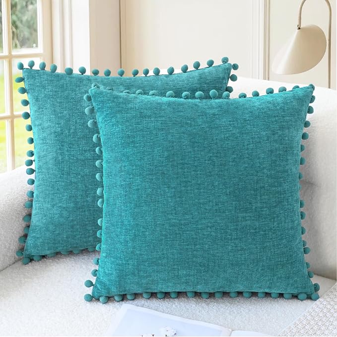 CaliTime Decorative Couch Throw Pillow Covers 22 X 22 Inches Lake Blue | Pack of 2, Cozy Chenille Cushion Cases, with Pom Poms for Sofa Bed Living Room Farmhouse Home