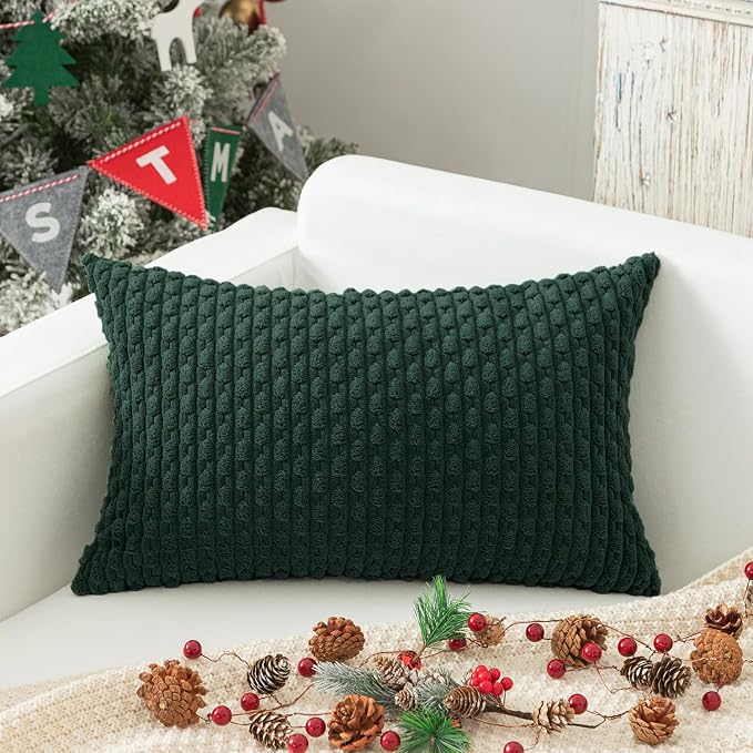 Kevin Textile Soft Corduroy 12"x24" Lumbar Pillow Cover 1 Pack, Army Green | Boho Stripe Plush Corduroy Decorative Oblong Cushion Cover Modern Farmhouse Home Decor for Sofa Couch Bed Chair
