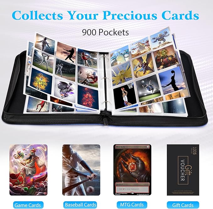 WOT I Trading Card Binder, 900 Pockets Baseball Card Binder Sleeves with Zipper, Double Sided Pockets Card Holder Carry Card Case for Baseball Card, Football Card(Light Blue), WO-CB-9-8