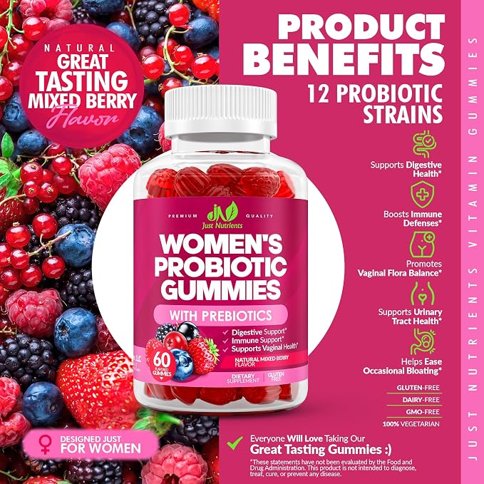Just Nutrients Women's Probiotic Gummies with Prebiotics | 12 Strains – Digestive, Immune, Vaginal & Urinary Tract Health Support – Natural Mixed Berry Flavor, 60 Gummies
