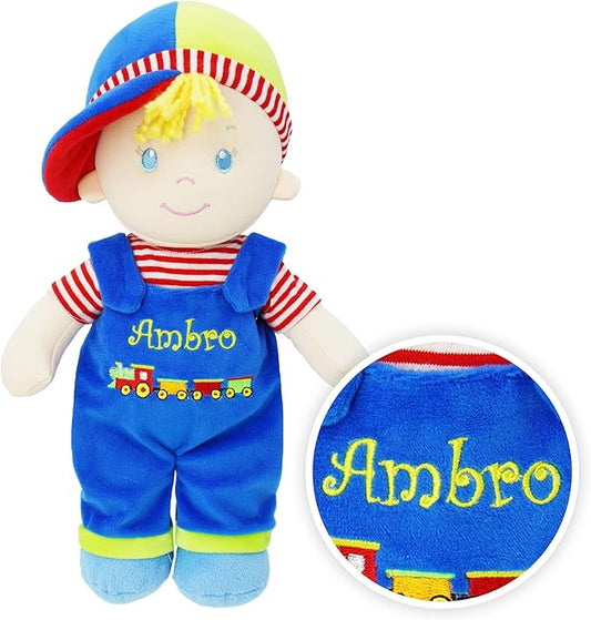 June Garden Personalized Soft Dolly Ben - Stuffed Soft Baby Boy Doll for Birth and Up with Custom Name - Blue Outfit - 13"
