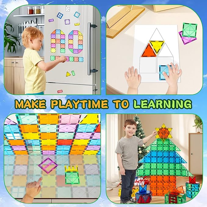 Magnetic Tiles 120PCS Kids Games Toy Building Blocks STEM Classroom Educational Learning Sensory Montessori Magnet Toys for Toddler Boys Girls 3+ Year Old with 2 Cars