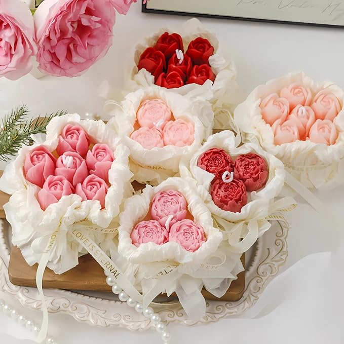 Handmade Floral Bouquet Candle, Scented Peony & Rose Shape, Gift for Women, Home Décor, Aromatherapy, Small (2.8"x2.4", 3 Flowers) & Large (3.6"x3", 5 Flowers) – Pink & Rose Red (Pink, Small)