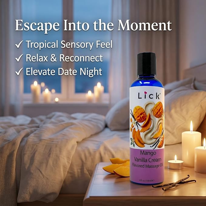 Lick Mango Vanilla Cream Flavored Massage Oil – Tropical Edible Massage Oil with Sweet Almond Oil & Vitamin E, Hydrating Body-Safe Formula for Relaxing Couples Massage, 4 oz