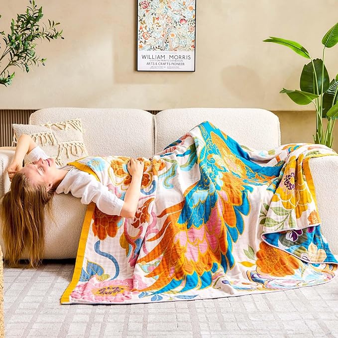 XIBLC Boho Throw Blanket, Lightweight Blankets for Summer, 100% Cotton Bohemian Decorative Throw Blanket, 90"x98" Reversible Muslin Breathable Woven Farmhouse Blankets Quilt,