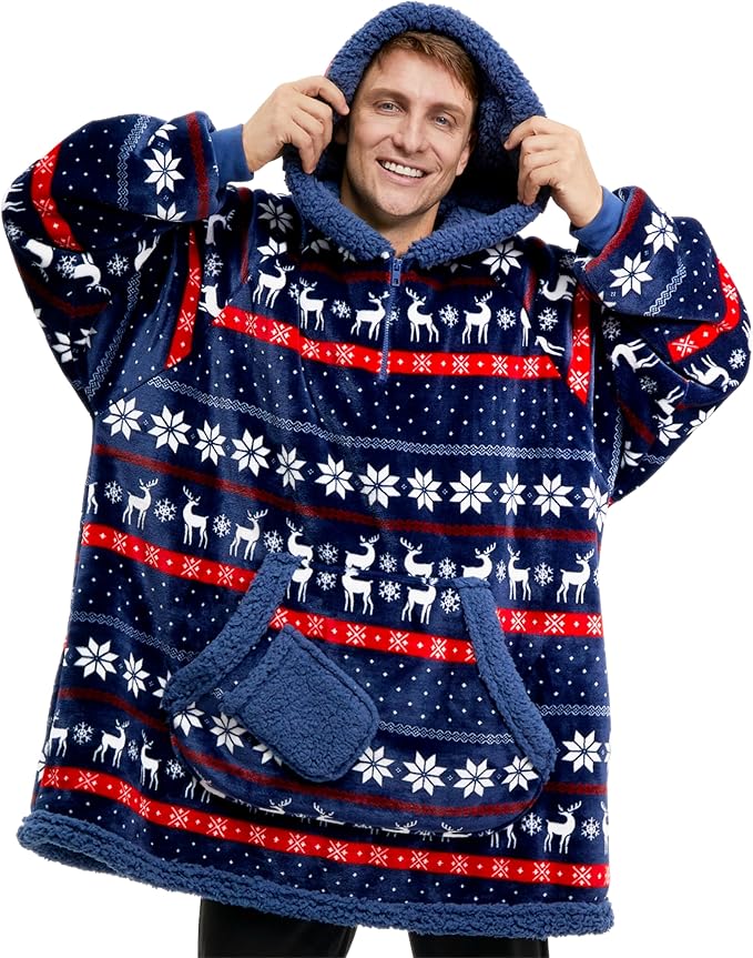 Giggling Getup Wearable Blanket Hoodie for Adults Gifts for Teen Girls Sister Women Sherpa Fleece Printed Hooded Blanket Sweatshirt Warm Cozy with Pocket & Sleeves Blue Christmas Nordic