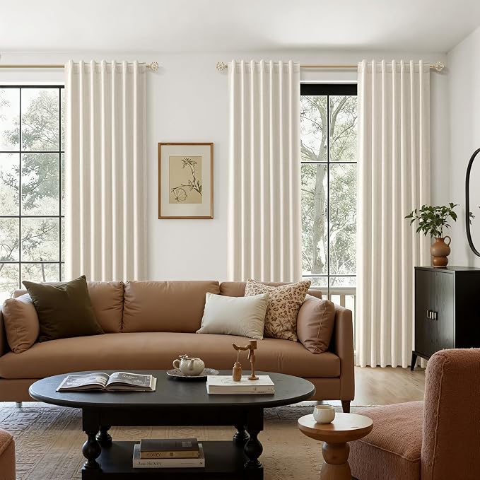 Guken 100% Blackout Linen Curtains for Bedroom 90 inches Long, Thermal Insulated Room Darkening Black Out Drapes for Living Room, Back Tab Rod Pocket 2 Panels Set,Birch Beige,52x90