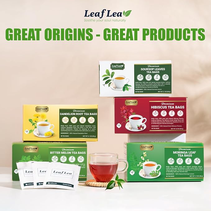 LeafLea 40 Premium Soursop Leaf Tea Bags, Pure & Natural Sour Sop Leaves, Graviola Leaves Tea, Hoja Guanabana Tea, Digestion Support Herbal Tea Bags, Nutrient-Rich, No Sugar, No Caffeine