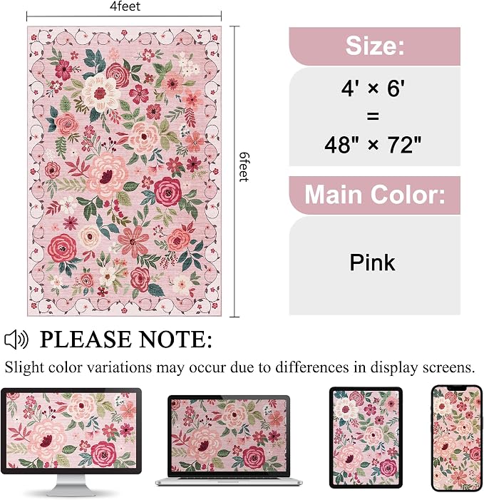 DUKINO 4x6 Area Rug, Floral Washable Rug Non Slip Office Chair Mat, Pink | Low Pile, Stain Resistant, Soft Indoor Rug for Bedroom, Living Room, Dining Room, Kids Room, Pet Friendly, Modern Home Decor