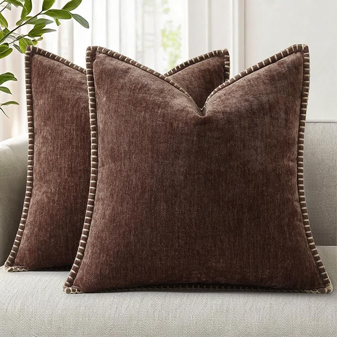 decorUhome Soft Chenille Throw Pillow Covers 24x24 Set of 2 Chocolate | Fall Textured Decorative Throw Pillow Cases Stitched Edge Modern Farmhouse Luxury Boho Velvet for Couch Sofa Bed Home Decor