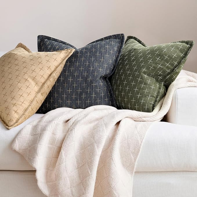 Pillow Covers 16x16 Set of 2 Soft Polyester Textured Pillow Covers with Stylish Flange Edge Cozy Farmhouse Throw Pillows for Couch Bed Sofa Living Room