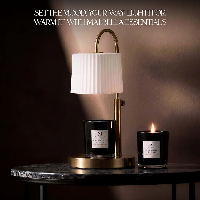 Candle & Warmer Set – 8.5 oz Coconut Blend Luxury Candle + Hand Blown Glass Lamp Warmer | Flameless Aromatherapy | Modern Self-Care Gift Set (Gold, Rose Oud)