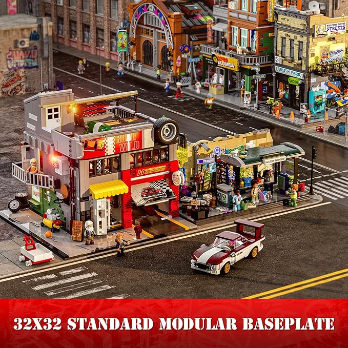 Street MOD Garage Lighting Building Bricks Set - Street Fusion City Car Modification Shop Modular Building Collection Kit 1935 Pcs for Adults & Teen & Car Lovers