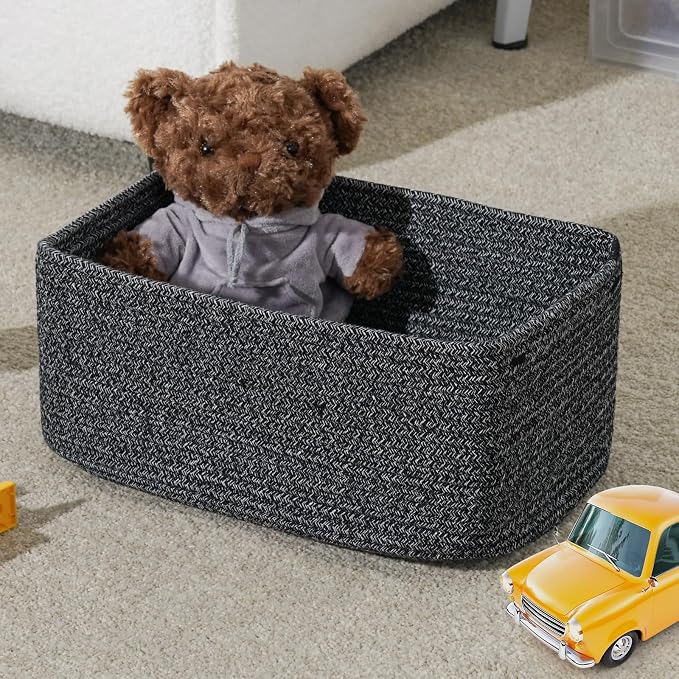 3 Pack Storage Baskets for Organizing, 13.7×9.5×6.3", Mixed Black | Woven Baskets for Shelves, Cotton Rope Basket for Gifts Empty, Closet Organizer Bins with Handles, Cube Decorative Box