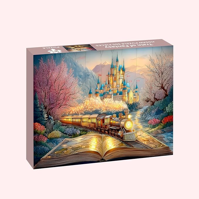 Puzzles for Adults 500 Pieces, Train Jigsaw Puzzles - Train of Fantasy, Impossible Glass Castle Puzzle for Seniors Families, 20.47x14.96 Inches, 1:1 Poster, Letter On The Back