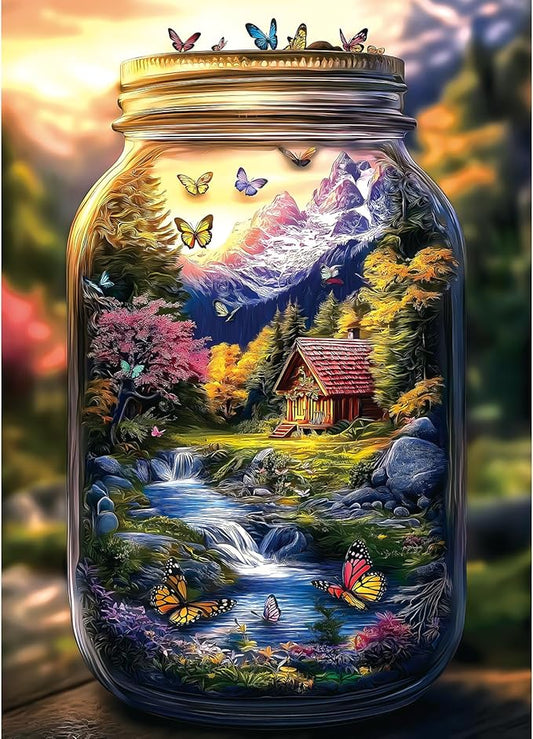 1000 Piece Puzzle for Adults Enchanted Mason Jar Landscape Jigsaw Puzzle, Miniature Nature Scene with Cabin, Waterfall & Butterflies, Challenging Puzzles Family for Seniors & Adults