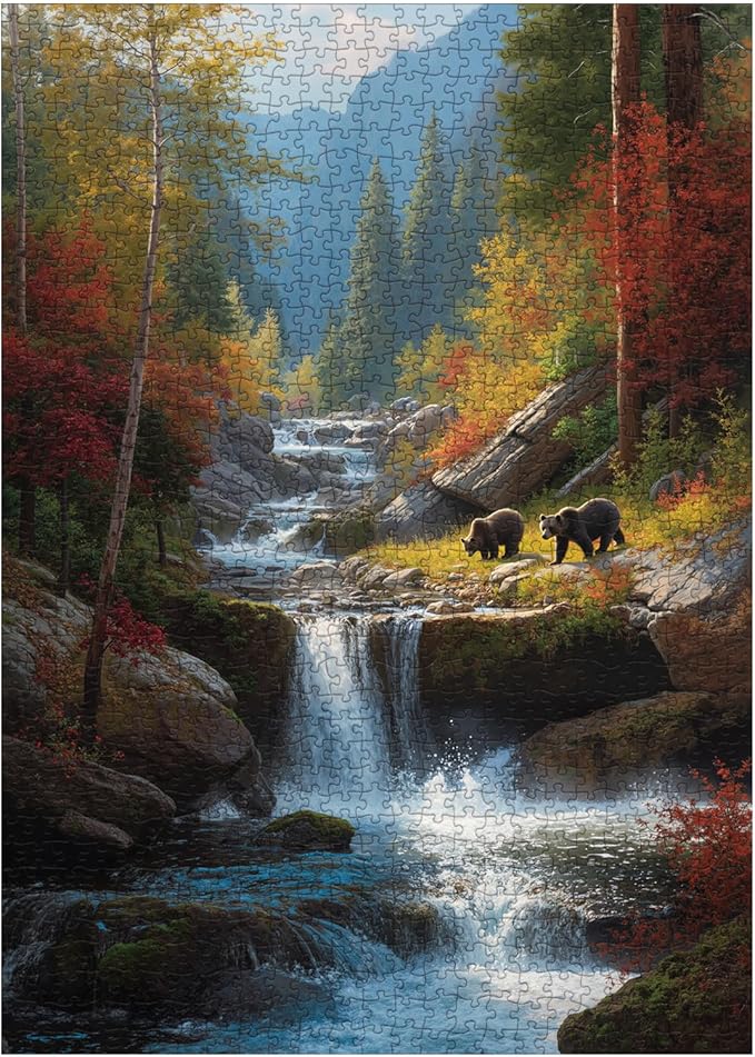 Autumn Waterfall Landscape Puzzles for Adults 1000 Pieces, Nature Forest Mountain Scenic Jigsaw Puzzle, Challenging Fall Plant Tree River Bear Puzzle