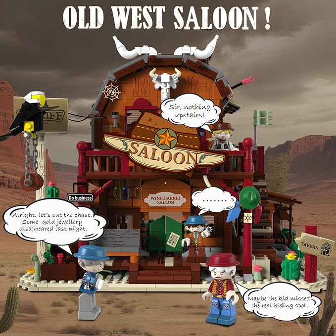 Western Saloon Building Blocks, Oak Barrel Saloon Architecture with Four Figures Model Building Toy, Old West Saloon Construction Building Set for Boys Girls Adults