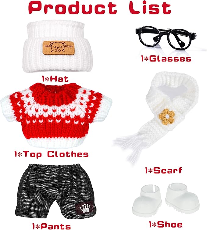 Knit 17cm Doll Clothes Accessories Set Include: 1 Hat, 1 Sweater, 1 Pants, 1 Scarf, 1 Glasses and 1 Shoes for Dress up Your Dolls (Doll Not Included), Knit #2